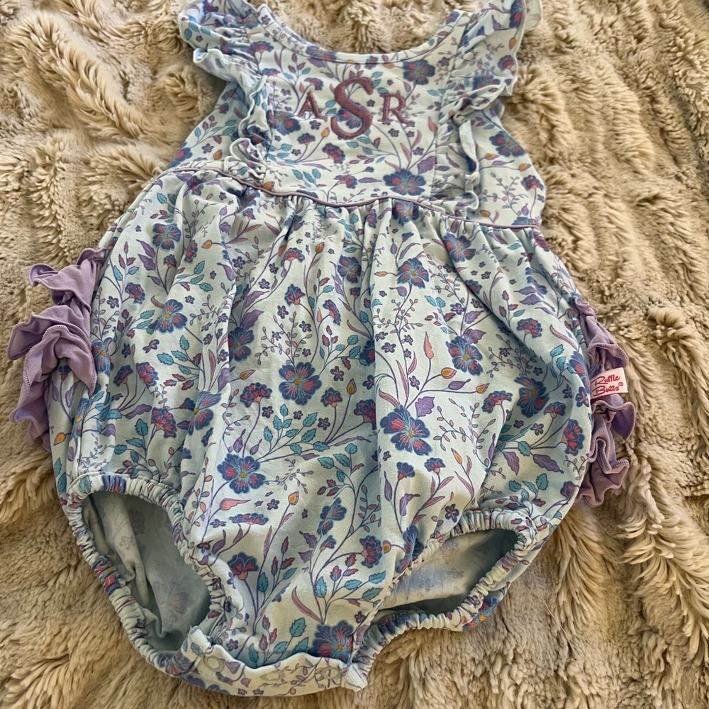 Ruffle Butts Blue and Purple Ruffle Baby Romper with “ASR” monogram 12-18m